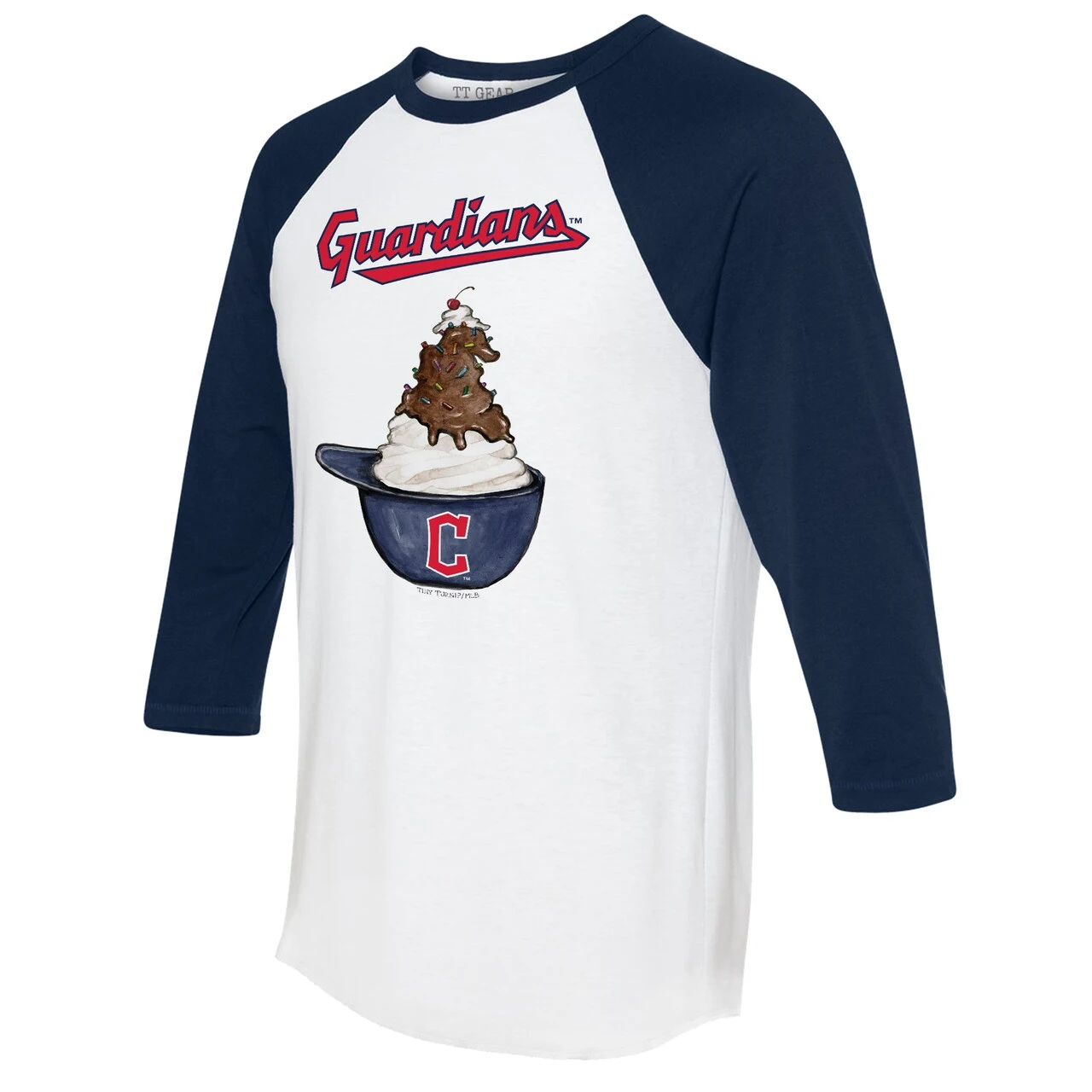Women's Cleveland Guardians Tiny Turnip White/Navy Sundae Helmet 3/4-Sleeve Raglan T-Shirt 4 Women's Cleveland Guardians Tiny Turnip White/Navy Sundae Helmet 3/4-Sleeve Raglan T-Shirt - Image 2