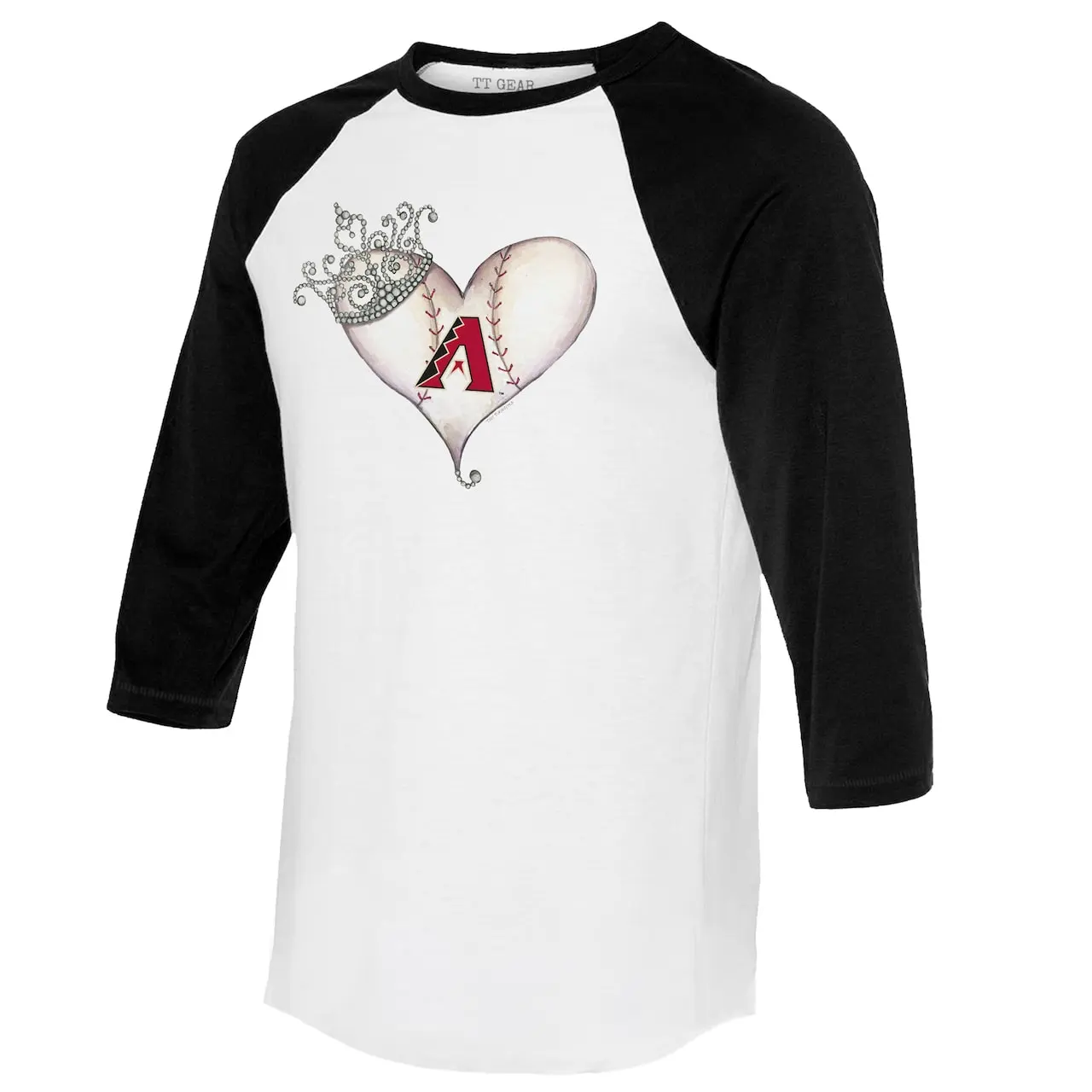 Women's Arizona Diamondbacks Tiny Turnip White/Black Tiara Heart 3/4-Sleeve Raglan T-Shirt 4 Women's Arizona Diamondbacks Tiny Turnip White/Black Tiara Heart 3/4-Sleeve Raglan T-Shirt - Image 2