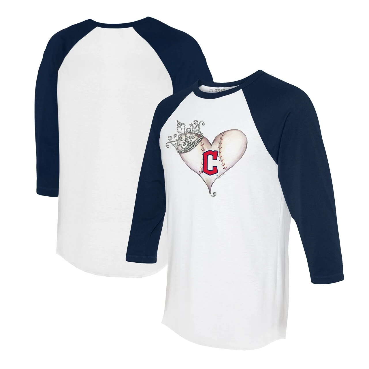 Women's Cleveland Guardians Tiny Turnip White/Navy Tiara Heart 3/4-Sleeve Raglan T-Shirt 3 Women's Cleveland Guardians Tiny Turnip White/Navy Tiara Heart 3/4-Sleeve Raglan T-Shirt