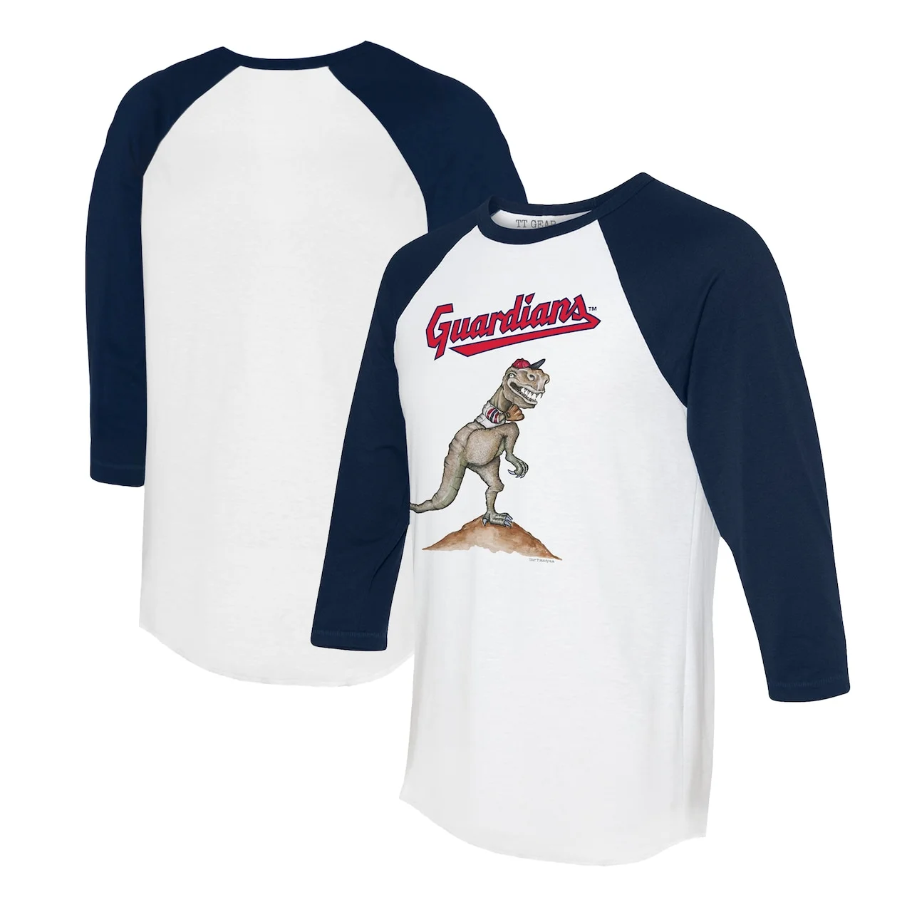 Women's Cleveland Guardians Tiny Turnip White/Navy TT Rex 3/4-Sleeve Raglan T-Shirt 3 Women's Cleveland Guardians Tiny Turnip White/Navy TT Rex 3/4-Sleeve Raglan T-Shirt