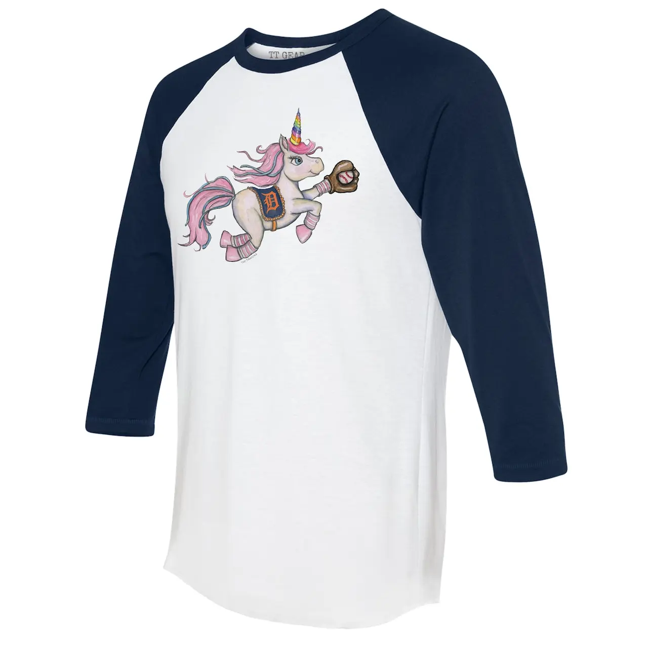 Women's Detroit Tigers Tiny Turnip White/Navy Unicorn 3/4-Sleeve Raglan T-Shirt 3 Women's Detroit Tigers Tiny Turnip White/Navy Unicorn 3/4-Sleeve Raglan T-Shirt - Image 2