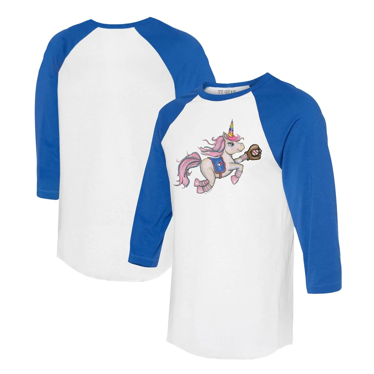 Women's Toronto Blue Jays Tiny Turnip White/Royal Unicorn 3/4-Sleeve Raglan T-Shirt 3 Women's Toronto Blue Jays Tiny Turnip White/Royal Unicorn 3/4-Sleeve Raglan T-Shirt