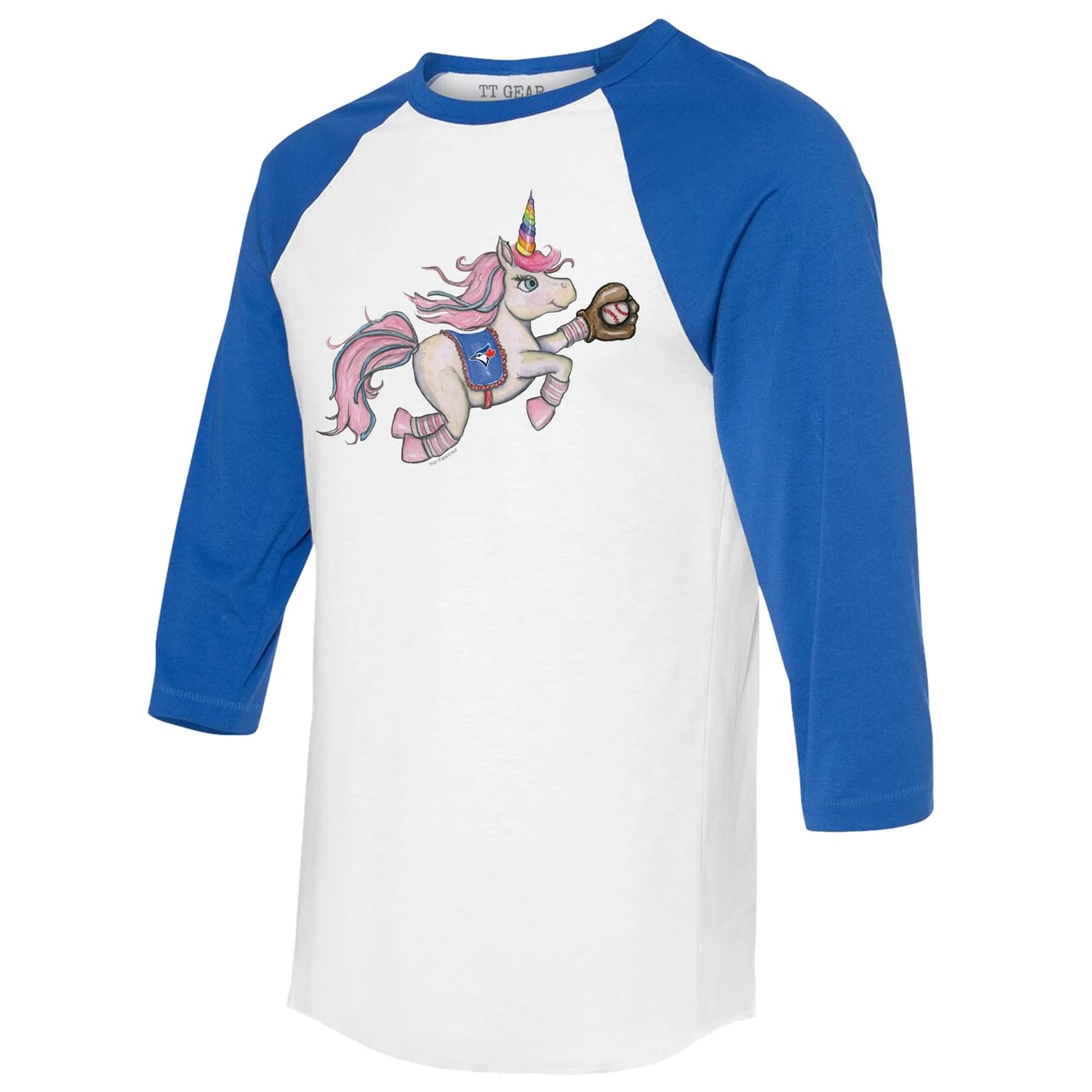 Women's Toronto Blue Jays Tiny Turnip White/Royal Unicorn 3/4-Sleeve Raglan T-Shirt 4 Women's Toronto Blue Jays Tiny Turnip White/Royal Unicorn 3/4-Sleeve Raglan T-Shirt - Image 2