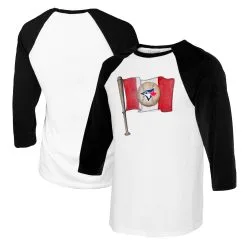 Women's Toronto Blue Jays Tiny Turnip White/Black Baseball Flag Raglan 3/4 Sleeve T-Shirt