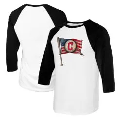 Women's Cleveland Guardians Tiny Turnip White/Black Baseball Flag Raglan 3/4 Sleeve T-Shirt