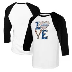 Women's Toronto Blue Jays Tiny Turnip White/Black Baseball Love Raglan 3/4-Sleeve T-Shirt