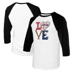 Women's Cleveland Guardians Tiny Turnip White/Black Baseball Love Raglan 3/4-Sleeve T-Shirt