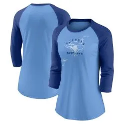 Women's Toronto Blue Jays Nike Royal/Powder Blue Next Up Tri-Blend Raglan 3/4-Sleeve T-Shirt