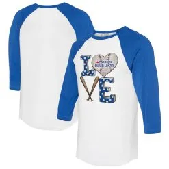 Women's Toronto Blue Jays Tiny Turnip White/Royal Baseball Love Raglan 3/4-Sleeve T-Shirt