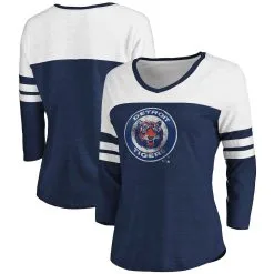 Women's Detroit Tigers Fanatics Branded Heathered Navy/White Women's Two-Toned Distressed Cooperstown Collection Tri-Blend 3/4-Sleeve V-Neck T-Shirt
