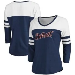 Women's Detroit Tigers Fanatics Branded Heathered Navy/White Official Wordmark 3/4 Sleeve V-Neck Tri-Blend T-Shirt