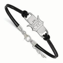 LogoArt Detroit Tigers Sterling Silver Small Center Leather Bracelet