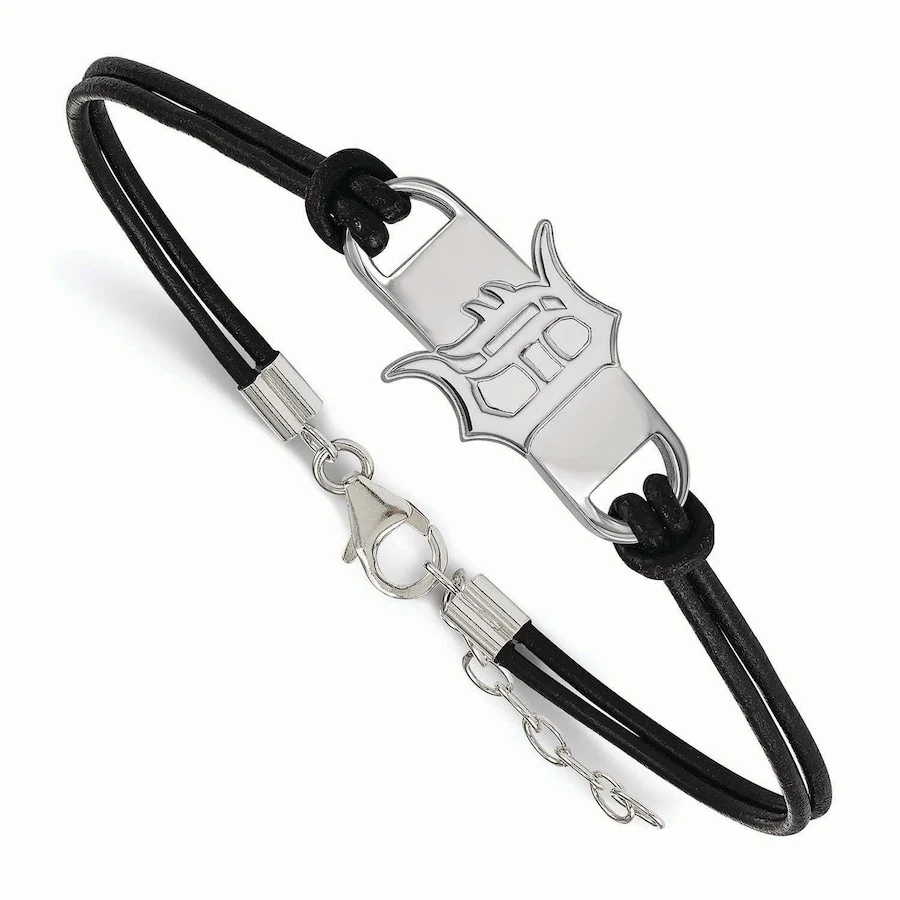 LogoArt Detroit Tigers Sterling Silver Small Center Leather Bracelet 3 LogoArt Detroit Tigers Sterling Silver Small Center Leather Bracelet
