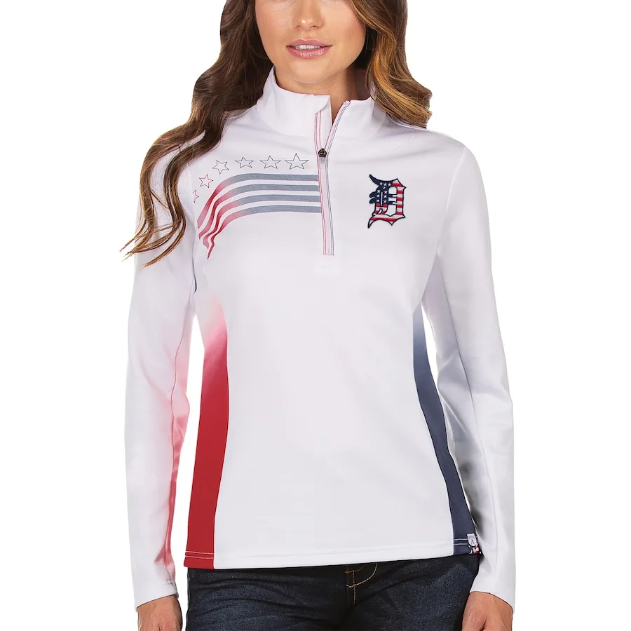 Women's Detroit Tigers Antigua White/Navy Liberty Quarter-Zip Pullover Jacket 3 Women's Detroit Tigers Antigua White/Navy Liberty Quarter-Zip Pullover Jacket