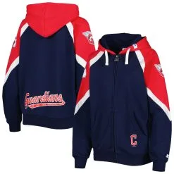 Women's Cleveland Guardians Starter Navy/Red Hail Mary Full-Zip Hoodie