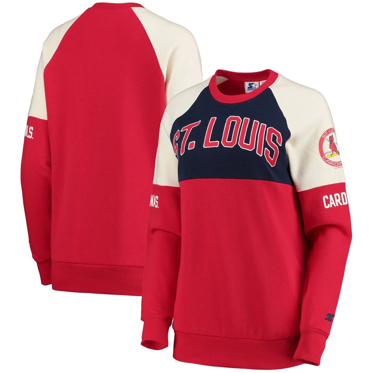 Women's St. Louis Cardinals Starter Navy/Red Baseline Raglan Historic Logo Pullover Sweatshirt 3 Women's St. Louis Cardinals Starter Navy/Red Baseline Raglan Historic Logo Pullover Sweatshirt