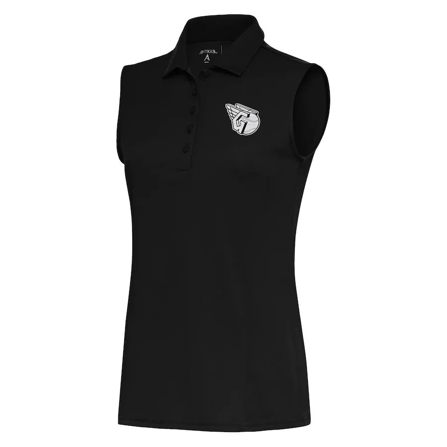 Women's Cleveland Guardians Antigua Black Brushed Metallic Sleeveless Tribute Polo 3 Women's Cleveland Guardians Antigua Black Brushed Metallic Sleeveless Tribute Polo