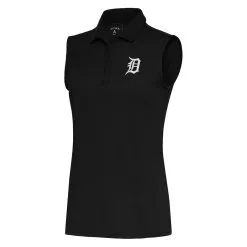 Women's Detroit Tigers Antigua Black Brushed Metallic Sleeveless Tribute Polo