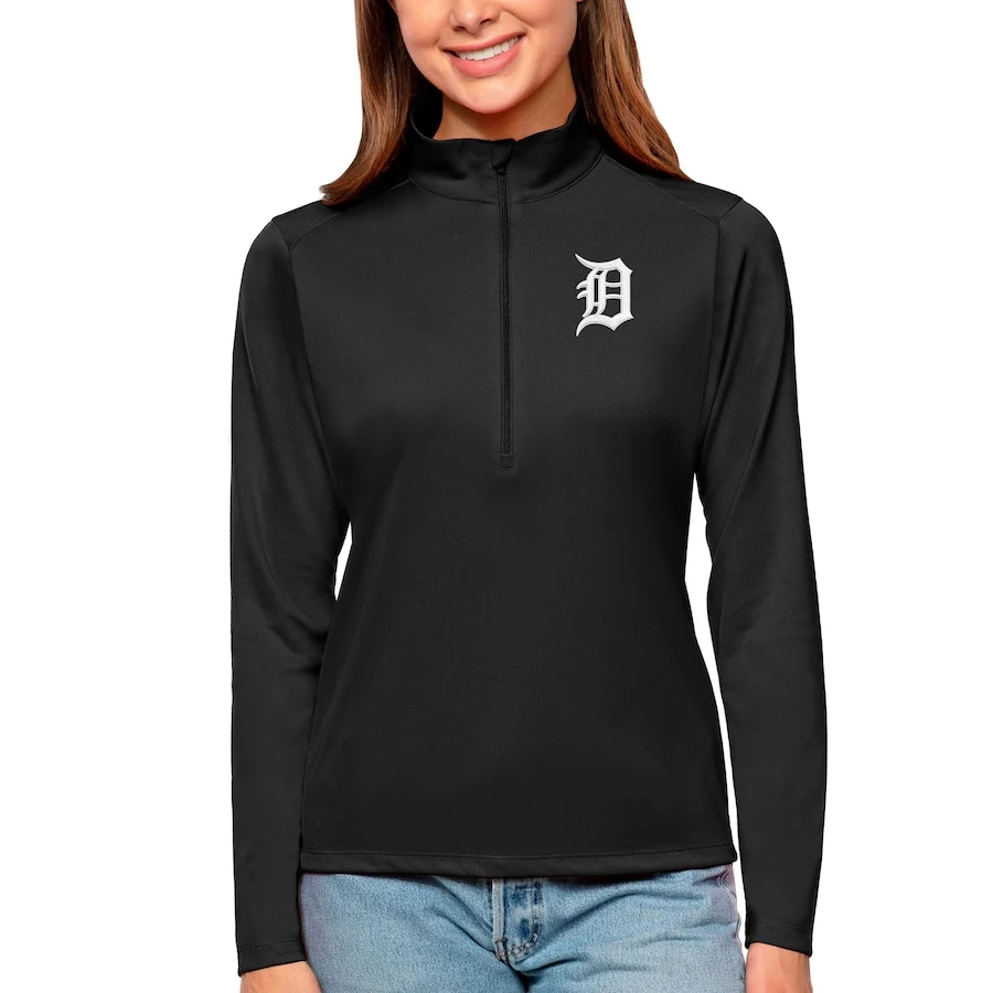 Women's Detroit Tigers Antigua Black Tribute Quarter-Zip Pullover Top 3 Women's Detroit Tigers Antigua Black Tribute Quarter-Zip Pullover Top