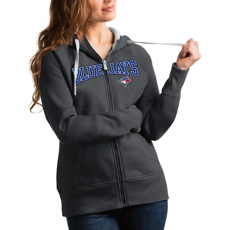 Women's Toronto Blue Jays Antigua Charcoal Team Logo Victory Full-Zip Hoodie 3 Women's Toronto Blue Jays Antigua Charcoal Team Logo Victory Full-Zip Hoodie