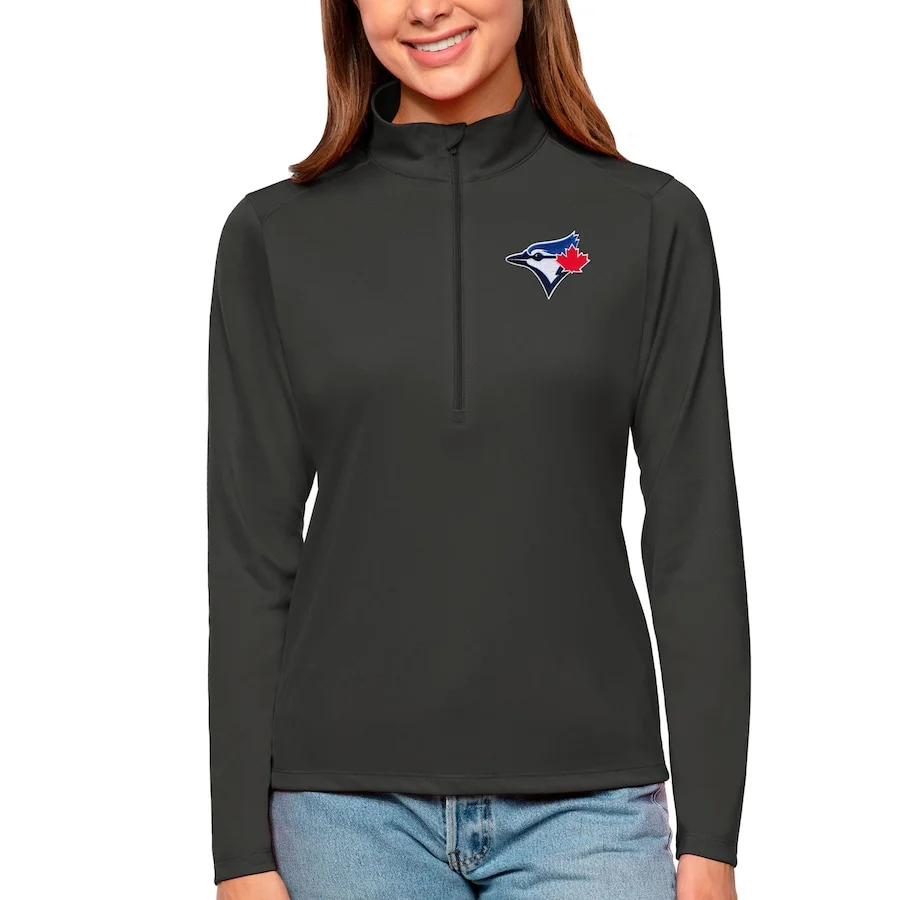Women's Toronto Blue Jays Antigua Charcoal Tribute Quarter-Zip Pullover Top 3 Women's Toronto Blue Jays Antigua Charcoal Tribute Quarter-Zip Pullover Top