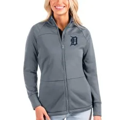 Women's Detroit Tigers Antigua Gray Links Full-Zip Golf Jacket