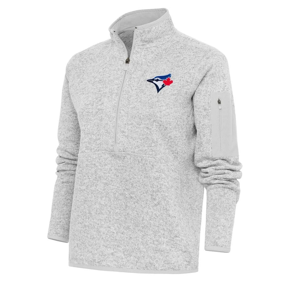 Women's Toronto Blue Jays Antigua Heather Gray Logo Fortune Quarter-Zip Pullover Jacket 3 Women's Toronto Blue Jays Antigua Heather Gray Logo Fortune Quarter-Zip Pullover Jacket