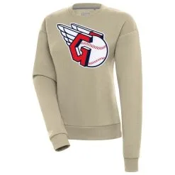 Women's Cleveland Guardians Antigua Khaki Victory Pullover Sweatshirt