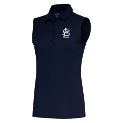 Women's St. Louis Cardinals Antigua Navy Brushed Metallic Sleeveless Tribute Polo
