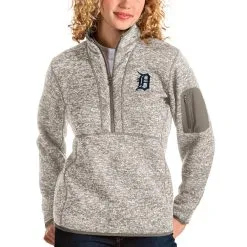 Women's Detroit Tigers Antigua Oatmeal Fortune Quarter-Zip Pullover Jacket