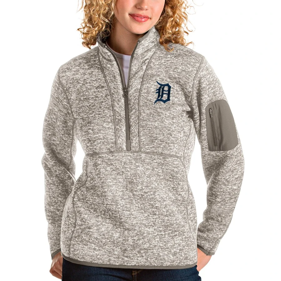 Women's Detroit Tigers Antigua Oatmeal Fortune Quarter-Zip Pullover Jacket 3 Women's Detroit Tigers Antigua Oatmeal Fortune Quarter-Zip Pullover Jacket