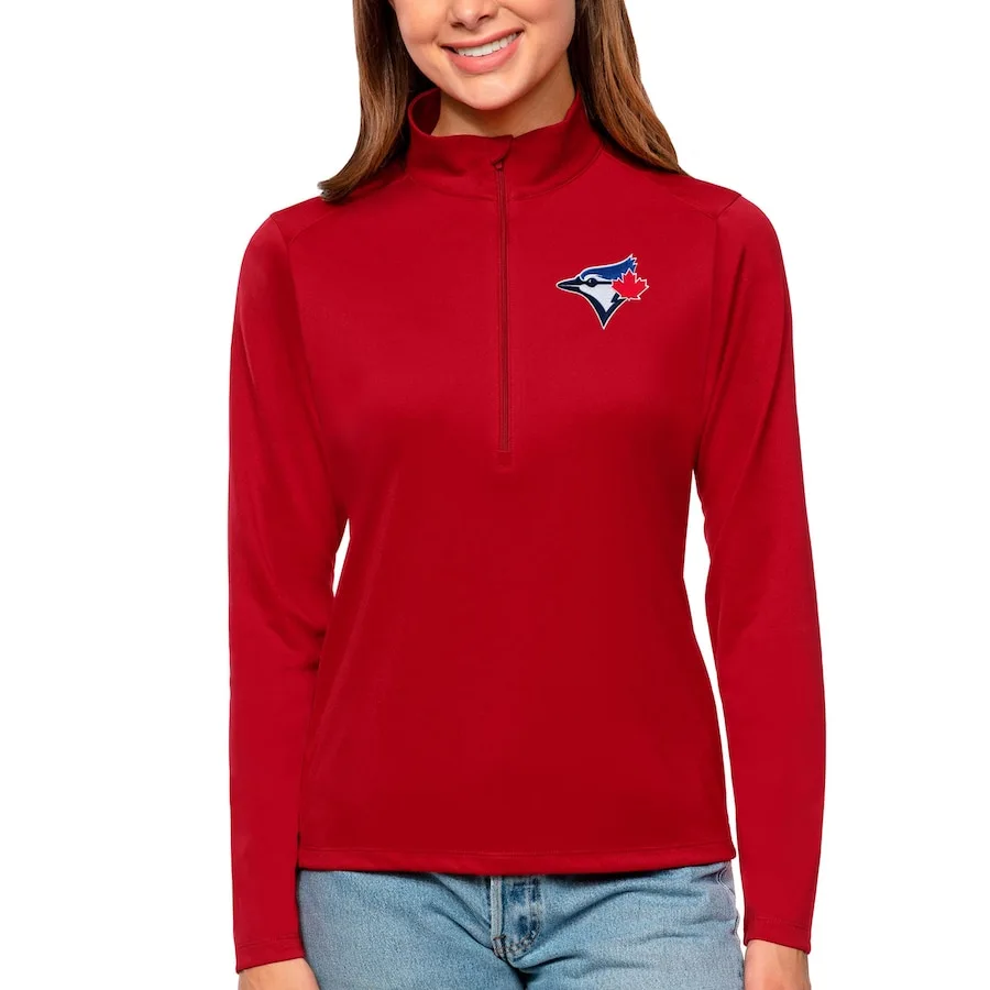 Women's Toronto Blue Jays Antigua Red Tribute Quarter-Zip Pullover Top 3 Women's Toronto Blue Jays Antigua Red Tribute Quarter-Zip Pullover Top