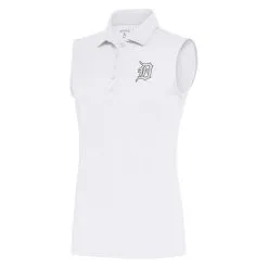 Women's Detroit Tigers Antigua White Brushed Metallic Sleeveless Tribute Polo