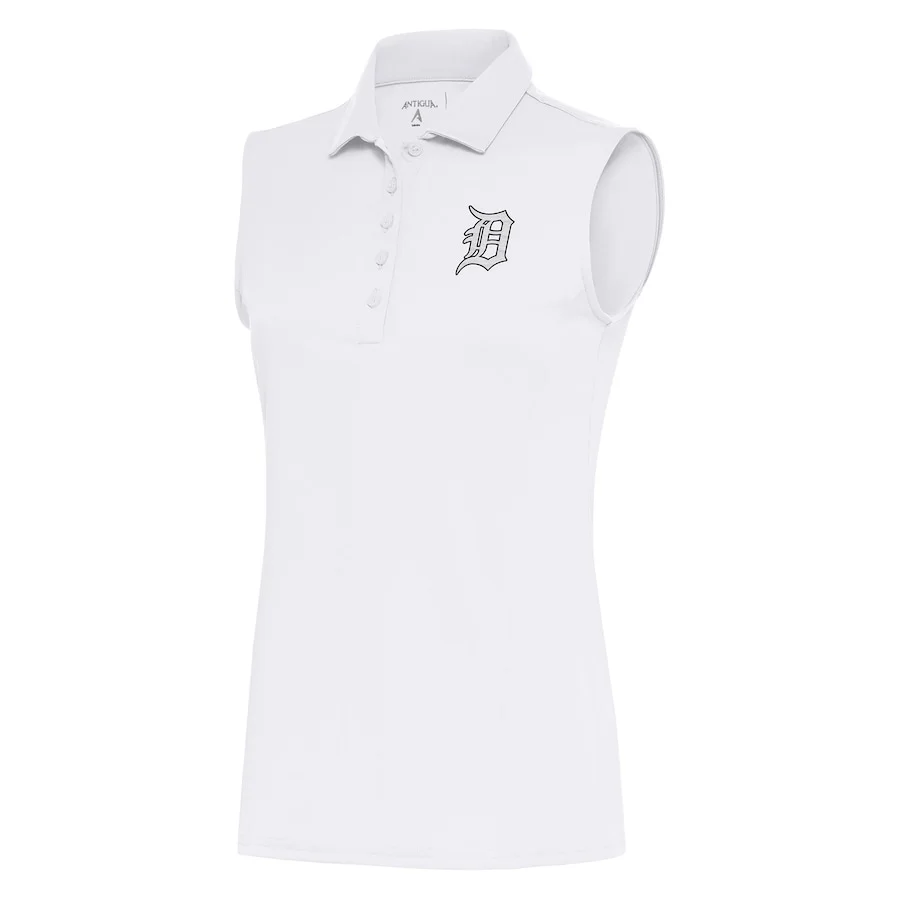 Women's Detroit Tigers Antigua White Brushed Metallic Sleeveless Tribute Polo 3 Women's Detroit Tigers Antigua White Brushed Metallic Sleeveless Tribute Polo