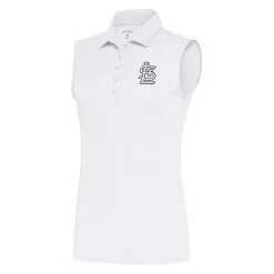 Women's St. Louis Cardinals Antigua White Brushed Metallic Sleeveless Tribute Polo