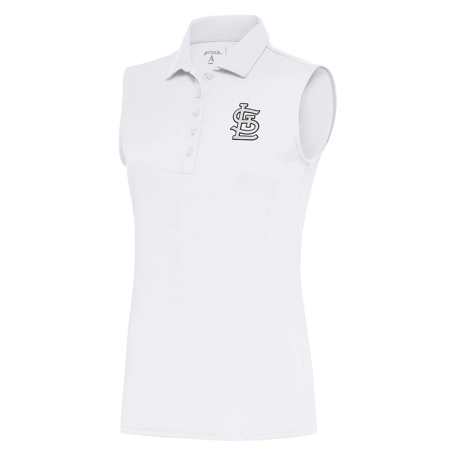 Women's St. Louis Cardinals Antigua White Brushed Metallic Sleeveless Tribute Polo 3 Women's St. Louis Cardinals Antigua White Brushed Metallic Sleeveless Tribute Polo