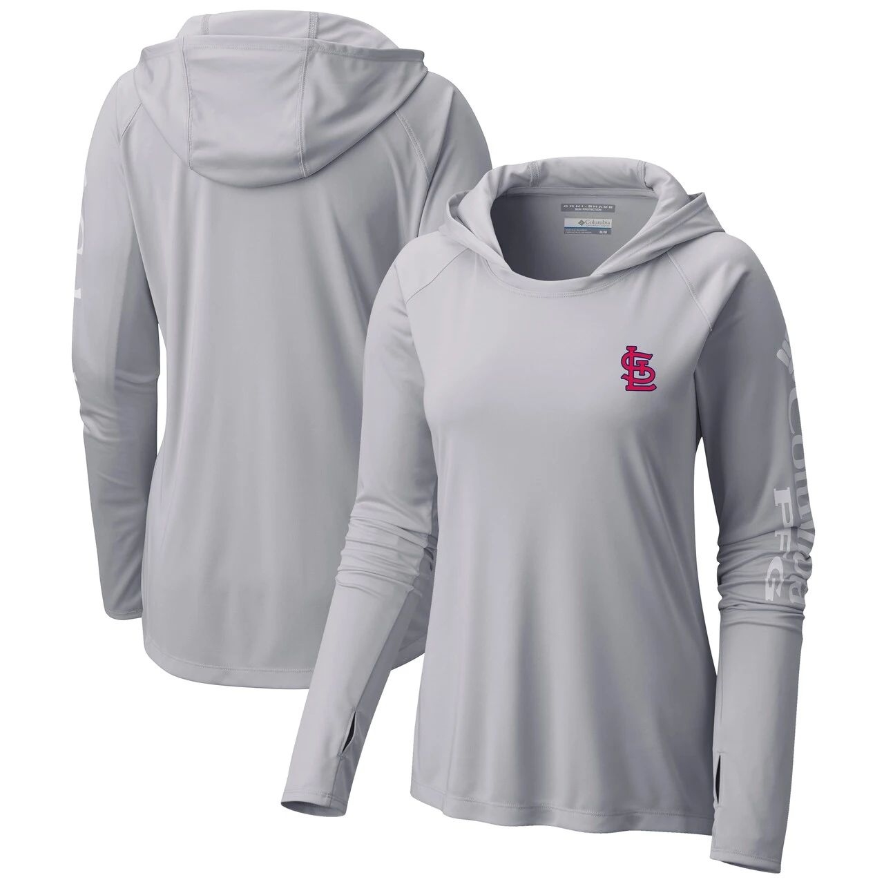 Women's St. Louis Cardinals Columbia Gray Tidal Long Sleeve Hoodie T-Shirt 3 Women's St. Louis Cardinals Columbia Gray Tidal Long Sleeve Hoodie T-Shirt