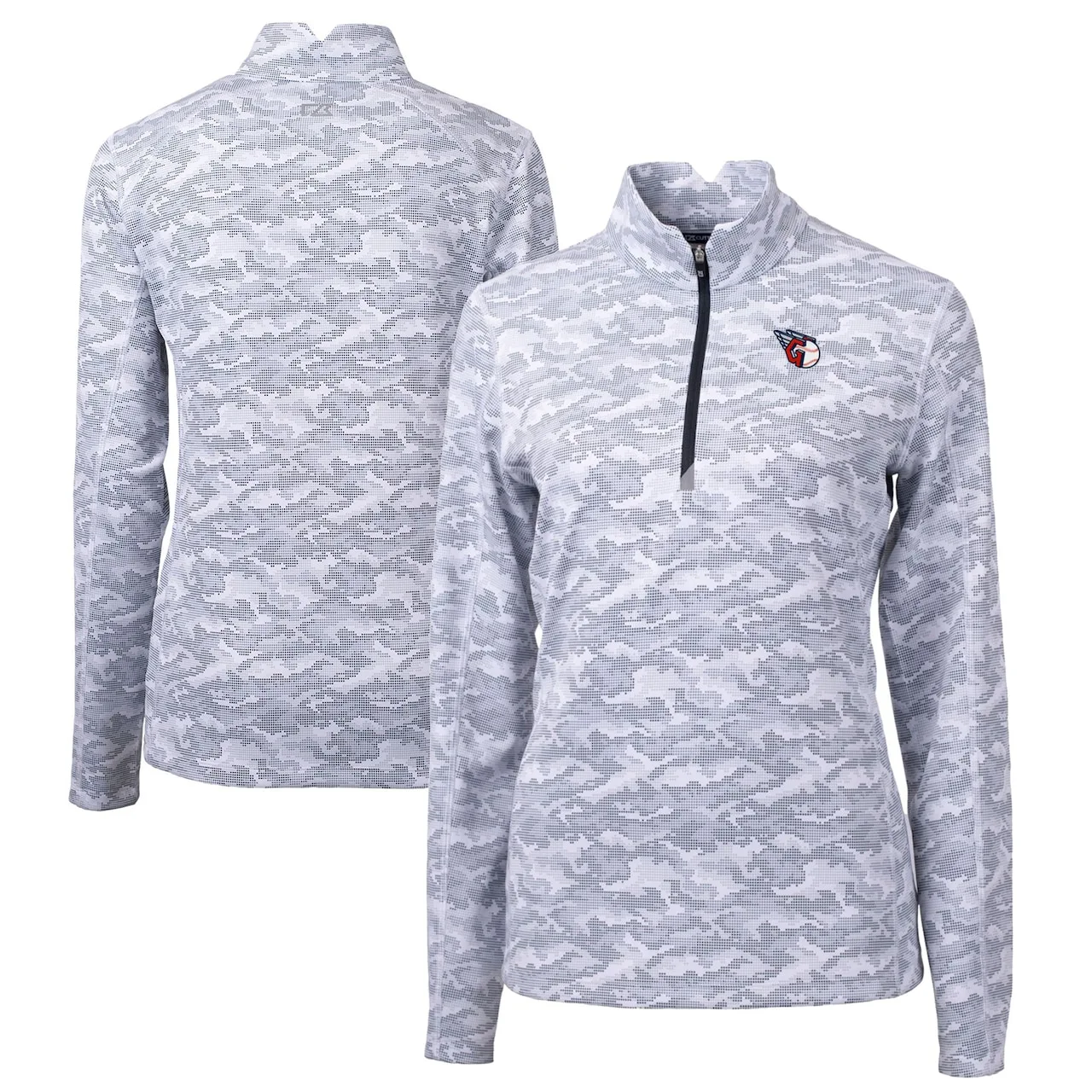 Women's Cleveland Guardians Cutter & Buck Charcoal Traverse Camo Print Stretch Quarter-Zip Pullover Top 3 Women's Cleveland Guardians Cutter & Buck Charcoal Traverse Camo Print Stretch Quarter-Zip Pullover Top