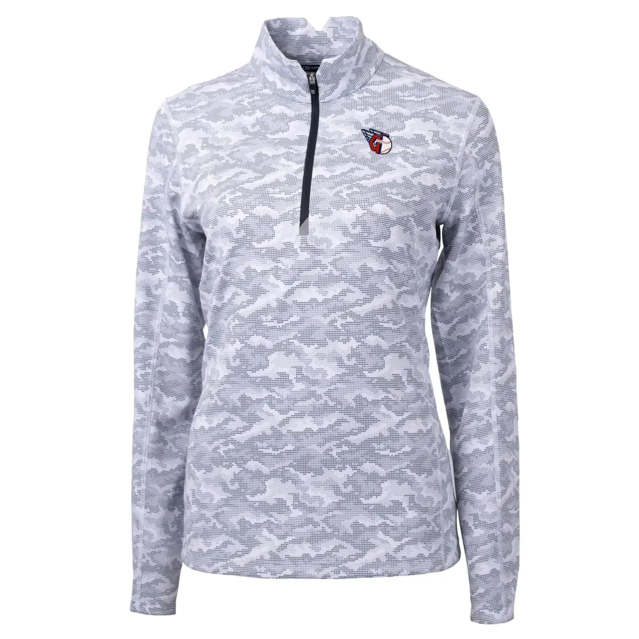 Women's Cleveland Guardians Cutter & Buck Charcoal Traverse Camo Print Stretch Quarter-Zip Pullover Top 4 Women's Cleveland Guardians Cutter & Buck Charcoal Traverse Camo Print Stretch Quarter-Zip Pullover Top - Image 2
