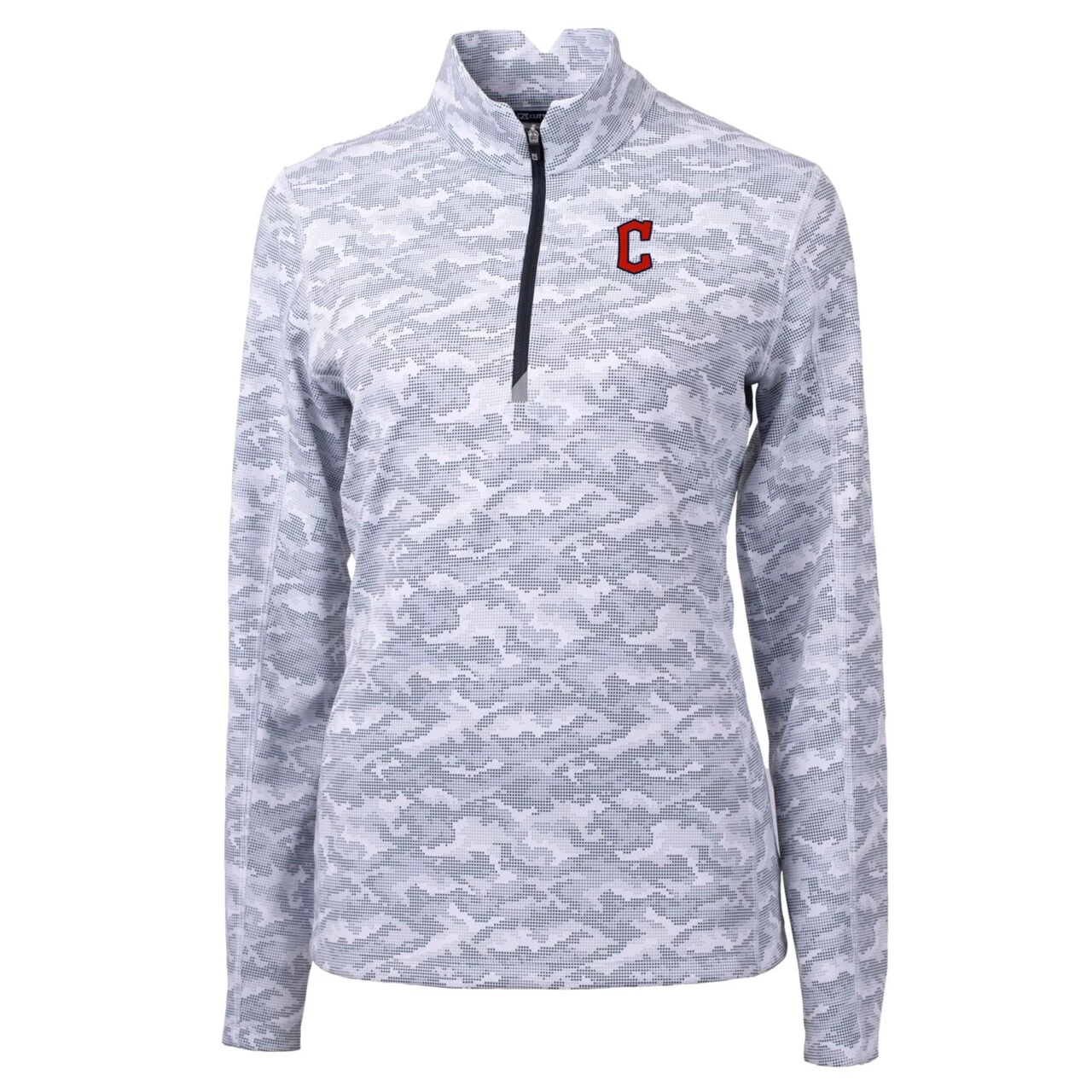 Women's Cleveland Guardians Cutter & Buck Charcoal Traverse Camo Print Stretch Quarter-Zip Pullover Top 4 Women's Cleveland Guardians Cutter & Buck Charcoal Traverse Camo Print Stretch Quarter-Zip Pullover Top - Image 2