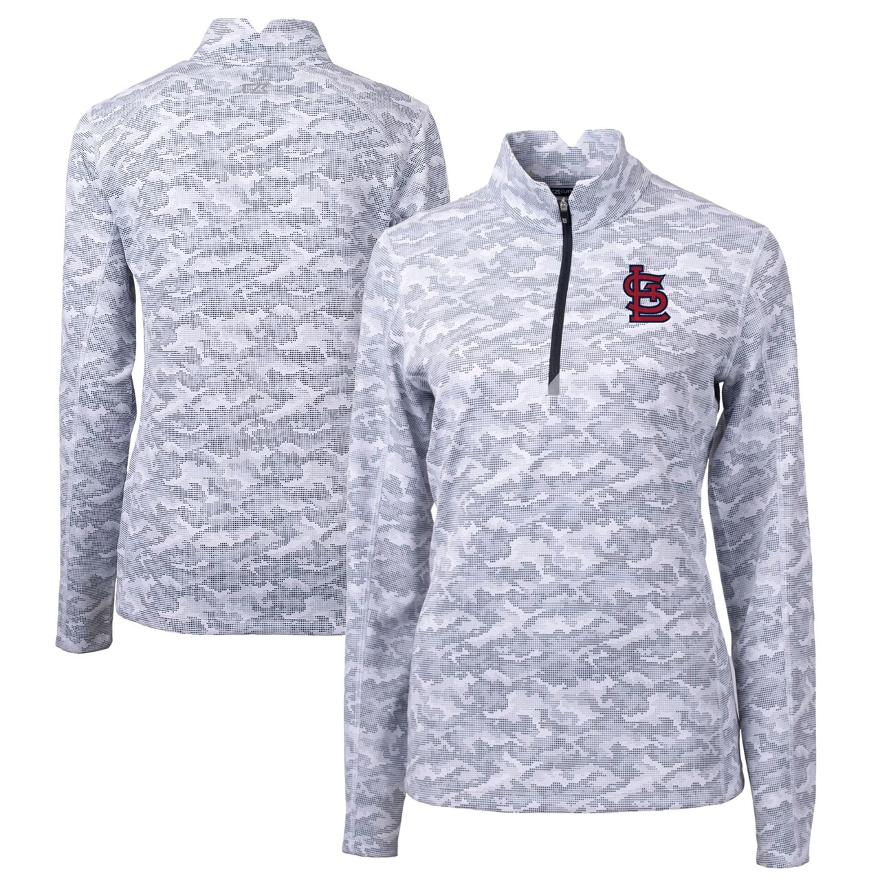 Women's St. Louis Cardinals Cutter & Buck Charcoal Traverse Camo Print Stretch Quarter-Zip Pullover Top 3 Women's St. Louis Cardinals Cutter & Buck Charcoal Traverse Camo Print Stretch Quarter-Zip Pullover Top