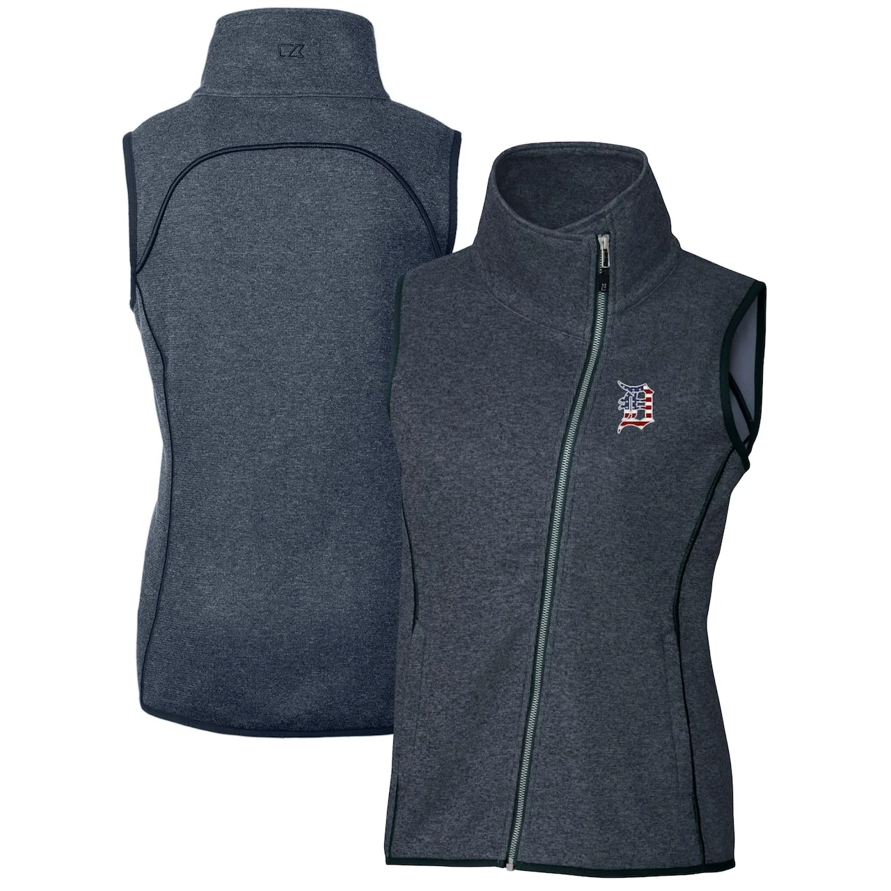 Women's Detroit Tigers Cutter & Buck Heather Navy Americana Logo Mainsail Sweater-Knit Full-Zip Asymmetrical Vest 3 Women's Detroit Tigers Cutter & Buck Heather Navy Americana Logo Mainsail Sweater-Knit Full-Zip Asymmetrical Vest
