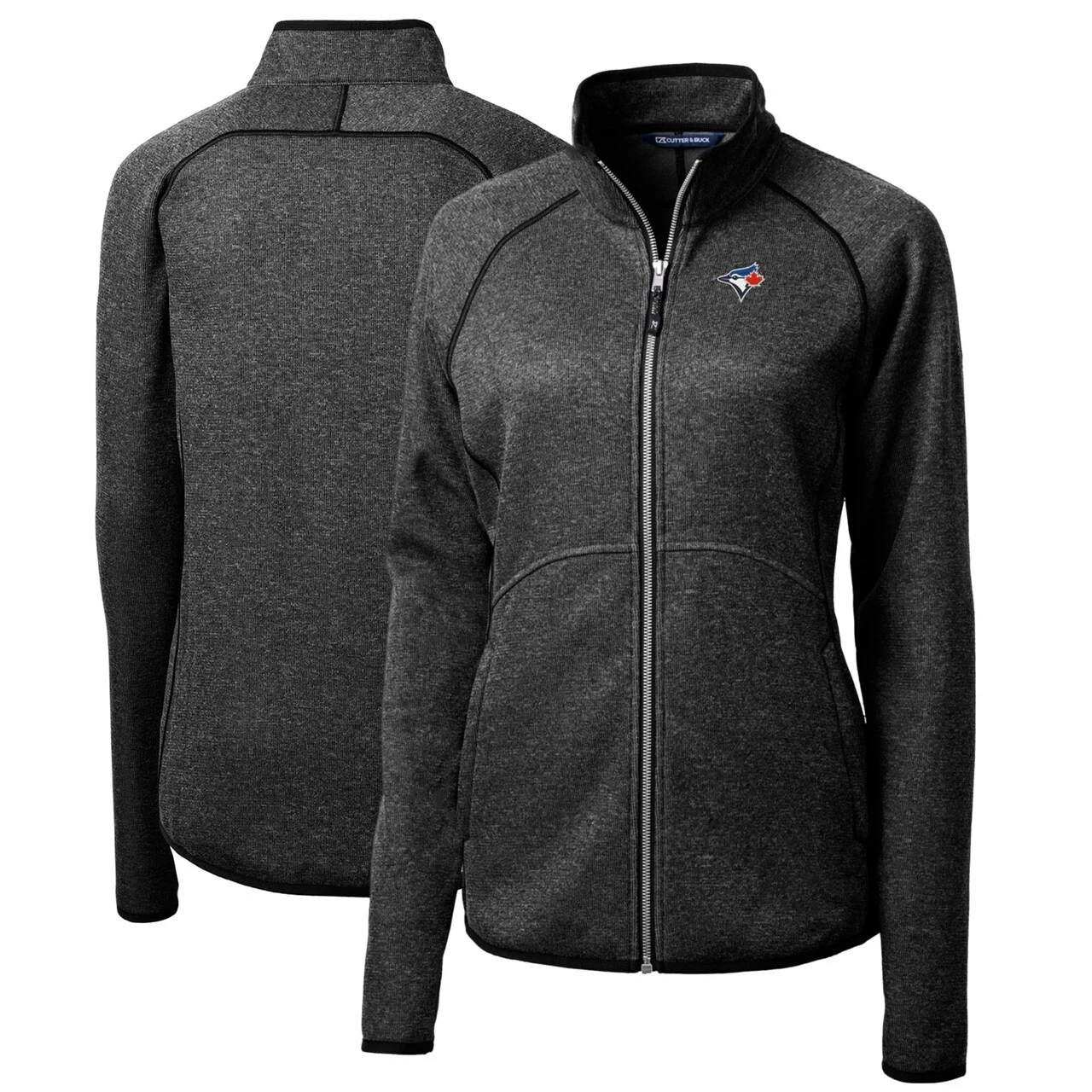 Women's Toronto Blue Jays Cutter & Buck Heathered Charcoal Mainsail Sweater-Knit Full-Zip Jacket 3 Women's Toronto Blue Jays Cutter & Buck Heathered Charcoal Mainsail Sweater-Knit Full-Zip Jacket