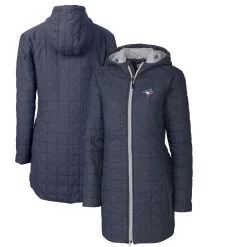 Women's Toronto Blue Jays Cutter & Buck Heathered Navy Rainier Primaloft Eco Full-Zip Hoodie Long Coat