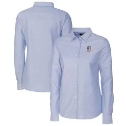 Women's Detroit Tigers Cutter & Buck Light Blue Americana Logo Oxford Stretch Long Sleeve Button-Up Shirt