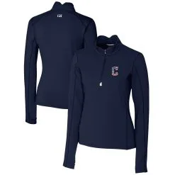 Women's Cleveland Guardians Cutter & Buck Navy Americana Logo DryTec Traverse Stretch Quarter-Zip Pullover Top