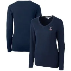 Women's Cleveland Guardians Cutter & Buck Navy Americana Logo Lakemont Tri-Blend V-Neck Pullover Sweater