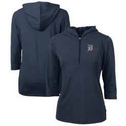 Women's Detroit Tigers Cutter & Buck Navy Americana Logo DryTec Virtue Eco Pique Recycled Half-Zip Pullover Hoodie
