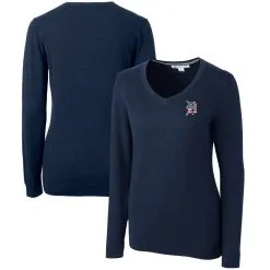 Women's Detroit Tigers Cutter & Buck Navy Americana Logo Lakemont Tri-Blend V-Neck Pullover Sweater