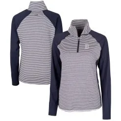 Women's Detroit Tigers Cutter & Buck Navy DryTec Forge Tonal Stripe Half-Zip Top